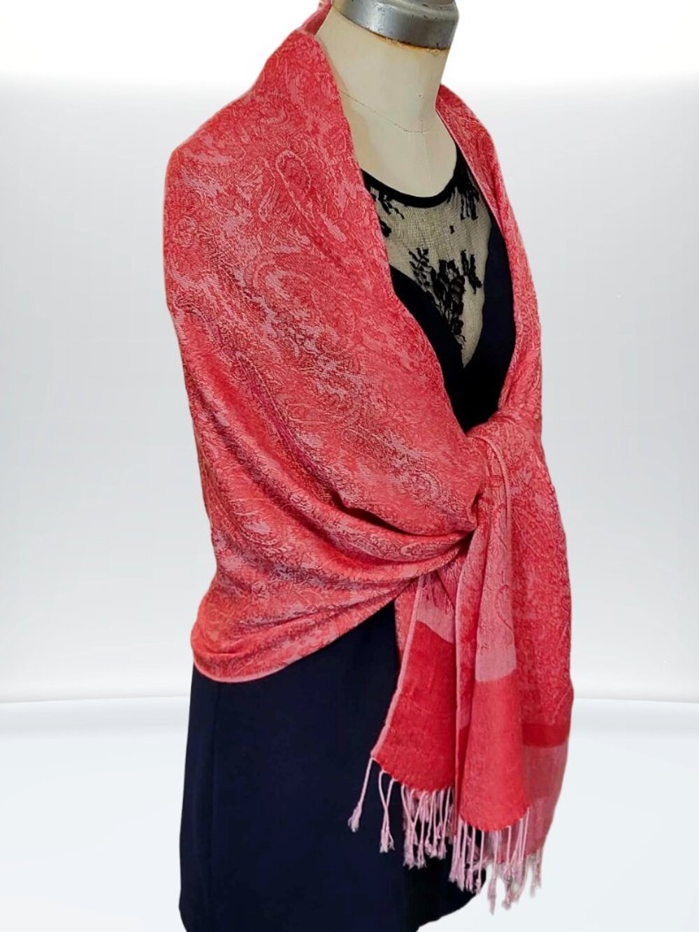 Vintage 2 tones coral red and pink Pashmina shawl with Jacquard Paisley pattern